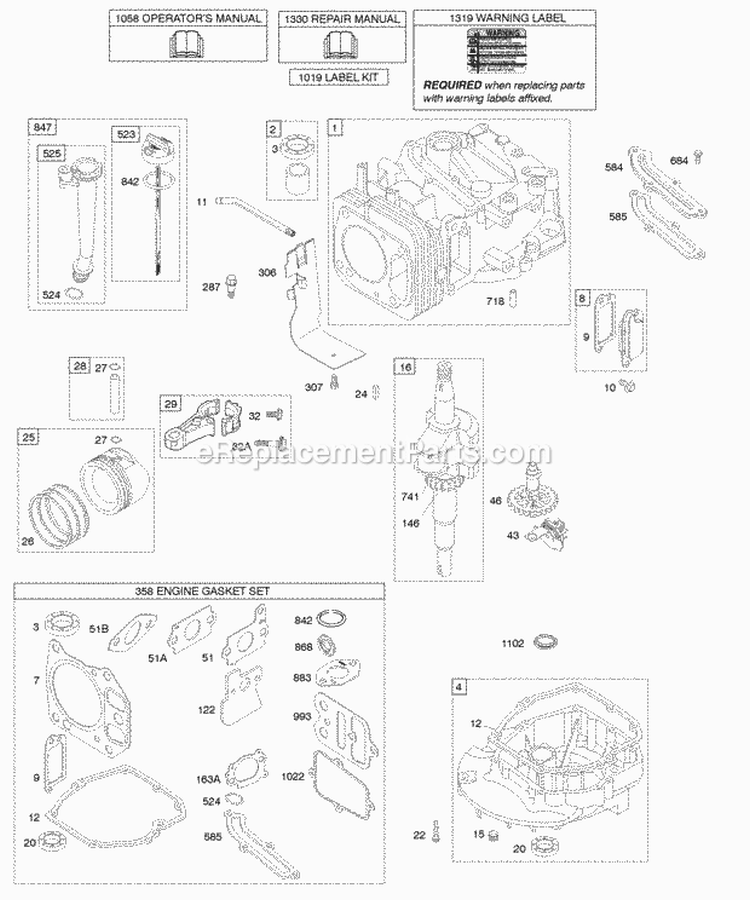 Camshaft Crankshaft Cylinder Engine Sump Lubrication Piston Group Diagram and Parts List for 12G612-0110-B1  Briggs and Stratton Engine